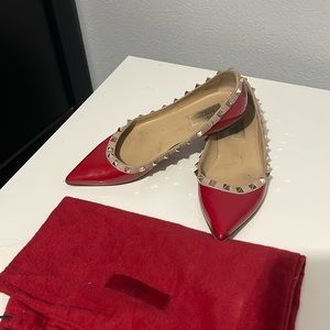 GUC Valentino Garavani Red Rockstud point-toe flats, size 38.5